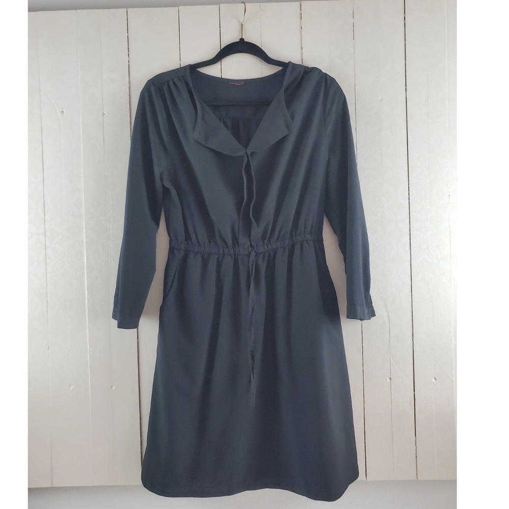 Black Long Sleeve Draped Collar Drawstring Waist Pocket Dress
